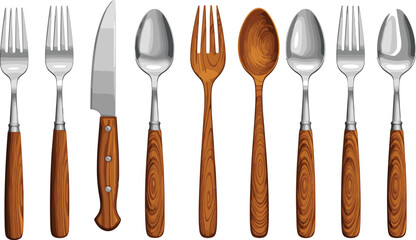 PrintVector Illustration of Wooden Handle Cutlery Set with Forks, Knives, and Spoons for Kitchen, Dining Table, and Restaurant Utensils