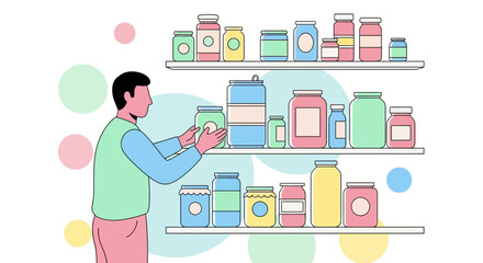 Naklejka premium Person Selecting Jars on Shelves Depicting a Scene of Food in Colorful, Modern Style