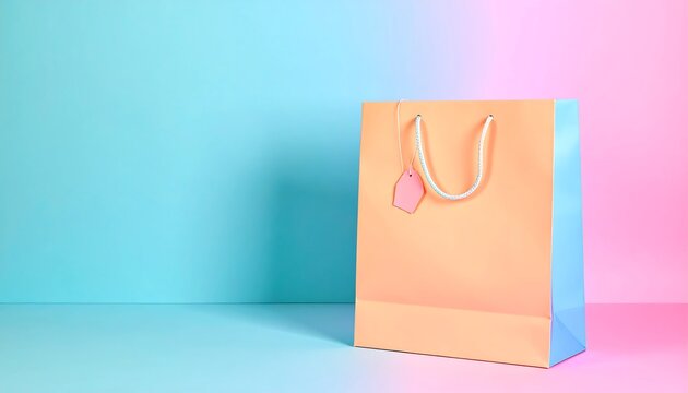 Pastel pink and blue background featuring a peach-colored shopping bag with a price tag, showcasing Cyber Monday Deals; flat lay product photography.