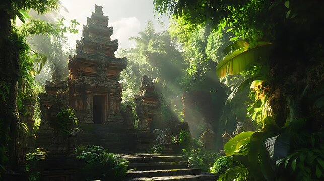 Mysterious stone temple covered with green moss inside dense rainforest image