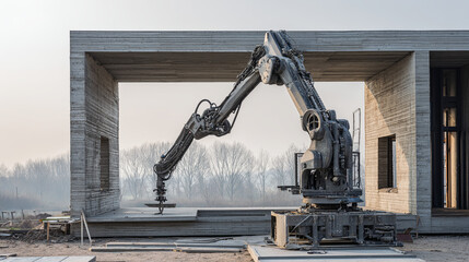 Large robotic arm using 3d printing technology to construct walls of modern concrete house, showcasing automation and innovation in construction industry