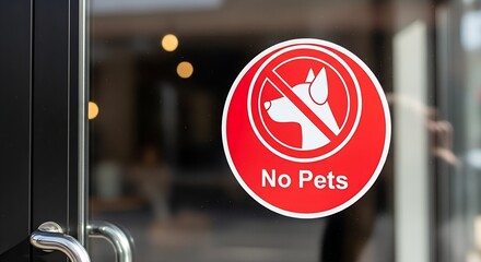 A close-up view of a red circular 'No Pets' sticker on a glass door, prohibiting animal entry into a building or establishment