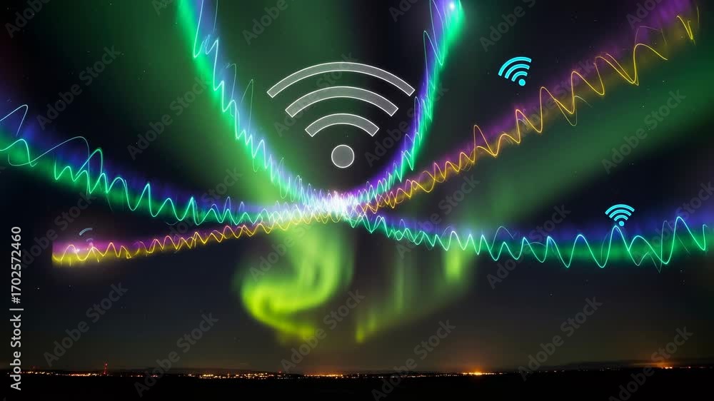 Aufkleber digital wifi signal icon over aurora borealis sky. wireless network waves transmitting data. interne