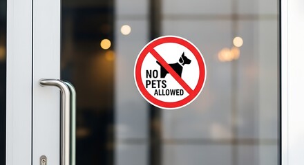 Sign on a glass door indicating a pet-free zone, prohibiting dogs and other animals from entering the premises