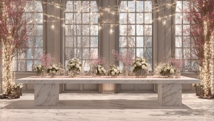 Elegant, long banquet table in a winter wonderland setting