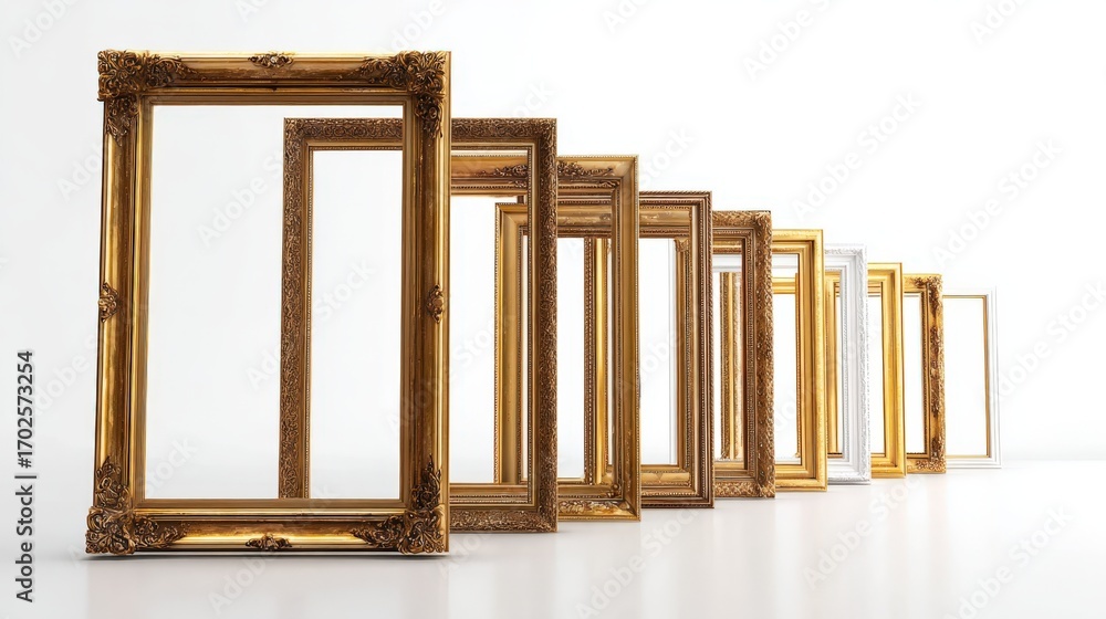 Poster arrangement of elegant empty frames in a row, ready for artwork or photo display against white
