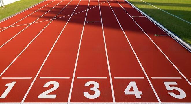 Close-up of the starting line with numbered lanes on an all-weather athletic running track, a concept of challenge, ambition, and new beginnings