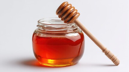 Beautiful photo of glass can full of honey and wooden stick on a white background.