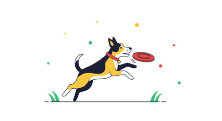 Playful Dog Chasing Flying Disc in Colorful Cartoon Illustration Against White Background