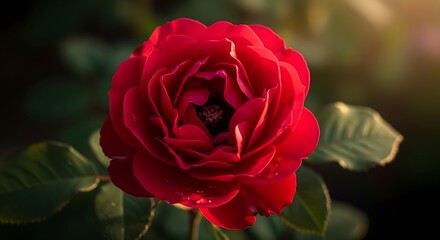 Vibrant Red Rose Blossom in Soft Sunlight.