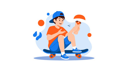 Obraz premium Smiling Skateboarder with Unique Hands Gestures and Colorful Design Aesthetic