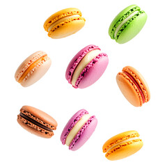 Fototapeta premium Assortment of Colorful Macarons Scattered cookies isolated on a transparent background