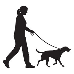 Silhouette of a woman walking her dog on a leash, isolated on white background