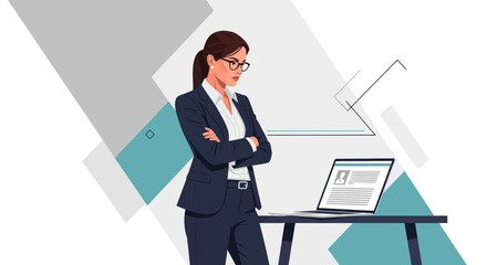 Fototapeta premium Professional Woman Analyzing Data On Laptop, Abstract Background, Focused And Analytical