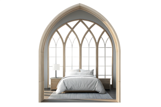White bed with arched window isolated on a transparent background