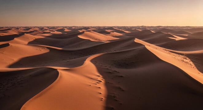 Aerial view of desert sand dunes background, smooth curves and lines, warm terracotta and sand tones, minimalistic nature, serene and vast