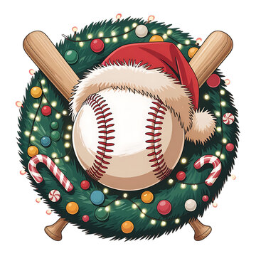 Baseball in santa hat on christmas wreath isolated on transparent background