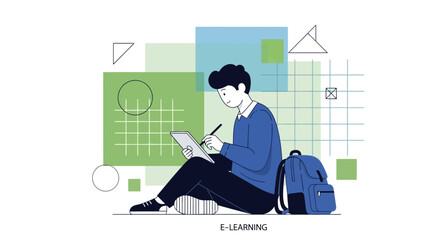 Student Engaged In Learning, Using Digital Tablet, And Modern Geometric Background