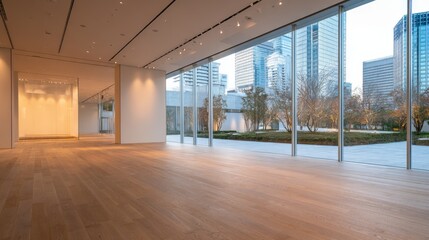 Modern Empty Gallery Space with City View, Contemporary Interior Design, and Polished Wooden Flooring