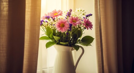 Fototapeta premium Sunlit Floral Still Life in Ceramic Pitcher on Cozy Windowsill