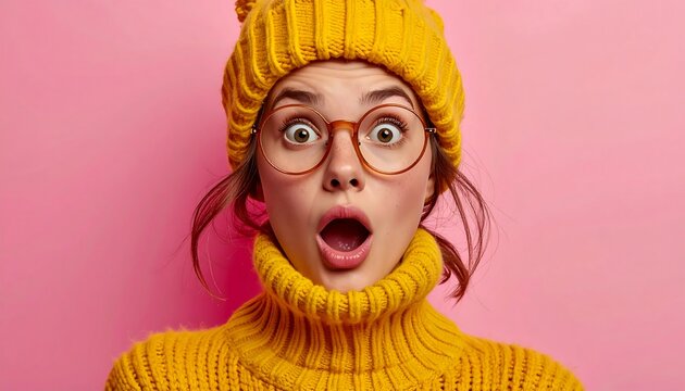 Close-up portrait of a surprised young woman wearing a yellow knit hat and sweater against a pink background, conveying a shocked expression; Cyber Monday Deals.