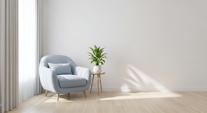 Bright and airy living room interior with a light blue armchair, a small table with a potted plant, and sheer white curtains by the window the room has a minimalist design with a focus on natural ligh - Powered by Adobe