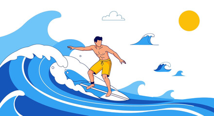 Surfer Rides Magnificent Waves On Ocean With Bright Sun And Beautiful Cloudscape