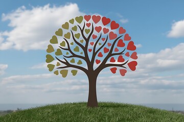 Vibrant heart-shaped leaves adorn a symbolic tree thriving on a green grassy hill under a bright blue sky with fluffy clouds