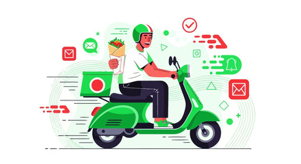 Fototapeta premium Swift Food Transport: A Smiling Courier Delivering Fresh Cuisine on a Green Scooter