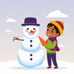 Joyful child happily building a snowman, crafting winter fun with a carrot nose.