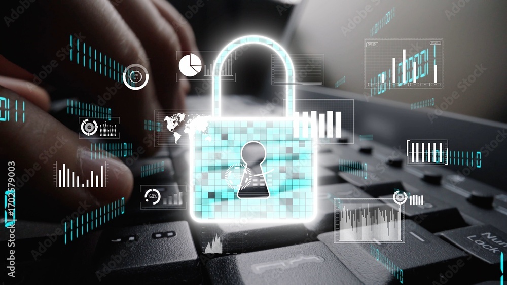 Poster presenting a digital security concept featuring a lock over a keyboard, emphasizing cyber security, 