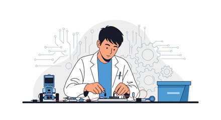 Scientist Working on Circuitry and Robotics in a Modern Laboratory Setting Design