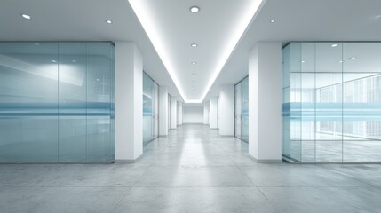 Fototapeta premium Modern Office Hallway with Glass Walls and Concrete Floor, Illuminated by Recessed Lighting