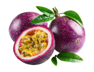 Close-up of three passion fruit, one whole and two halves, showcasing vibrant purple skin and bright yellow pulp filled with seeds.  Fresh green leaves are adjacent to the fruit