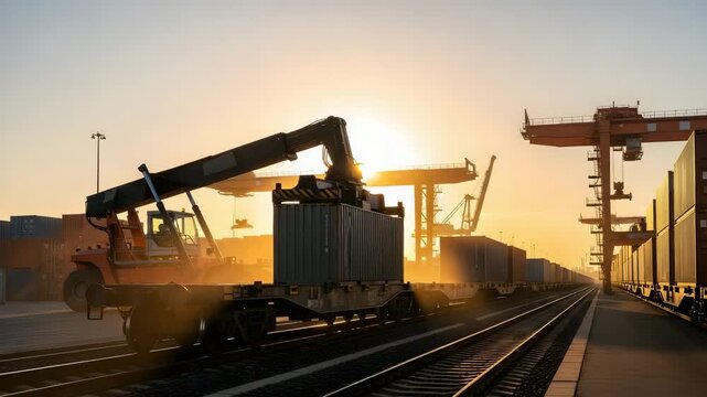 Container handler loading a shipping container onto a freight train at sunset, symbolizing cargo logistics, supply chain, and global transportation industry.