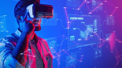 A man engages with a virtual reality headset, surrounded by futuristic electric vehicle graphics and digital data, showcasing advanced technology and interaction. Raster