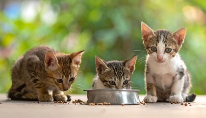 Three kittens eating from a bowl outdoors