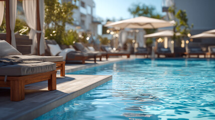 Close up of a swimming pool with lounge chairs and umbrellas in the background on a sunny day outside