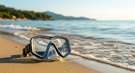 Snorkeling Mask on a Sandy Beach with Ocean Waves and Coastal Landscape.