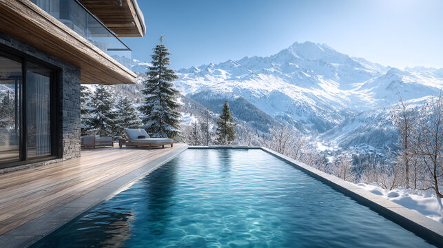 Infinity pool overlooking snow covered mountains at a modern luxury chalet on a sunny day