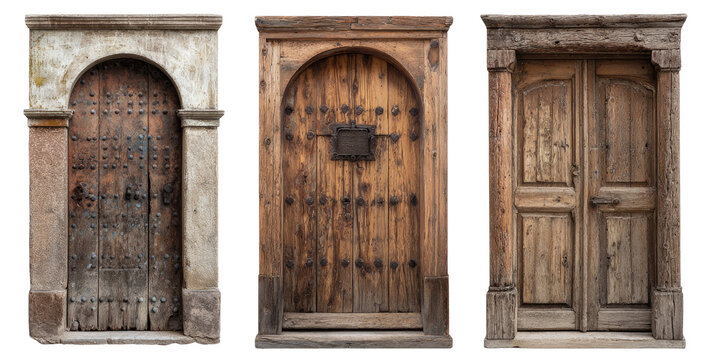 Three weathered wooden doors with arched stone surrounds.  Each door features numerous iron nails and a metal lock