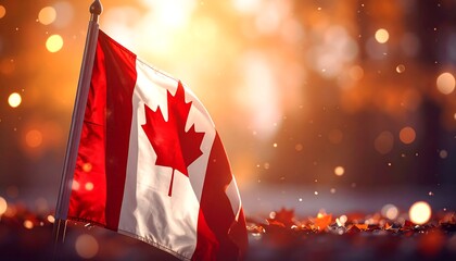 A Canadian flag waves proudly in front of a warm, blurred autumnal background with sparkling bokeh lights and fallen leaves
