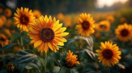 Obraz premium A vibrant field of sunflowers with rich yellow petals and large brown centers stands tall amidst lush green foliage,