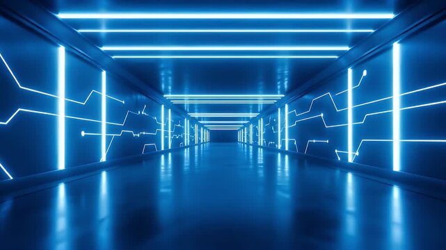 A long reflective tunnel is bathed in blue light featuring parallel white neon strips on the ceiling and abstract circuit-like patterns on the walls creating a deep futuristic perspective