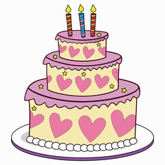 Three Tier Cartoon Birthday Cake with Candles and Hearts | Cute Celebration Illustration