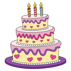 Three Tier Cartoon Birthday Cake with Candles and Hearts | Cute Celebration Illustration