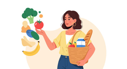 Woman Showcasing Fresh Groceries and Vegetables from a Local Market Shopping Experience