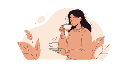 Woman Sipping Coffee In A Pastel Illustration Enjoying A Relaxing Morning Moment