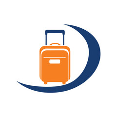 Orange suitcase with blue crescent moon graphic on white background luggage travel