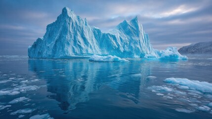 Fototapeta premium A majestic iceberg with jagged peaks floats on calm waters, reflecting its form like a mirror.